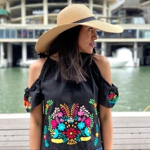 Embroidered Mexican Cold Shoulder Black Top Blouse